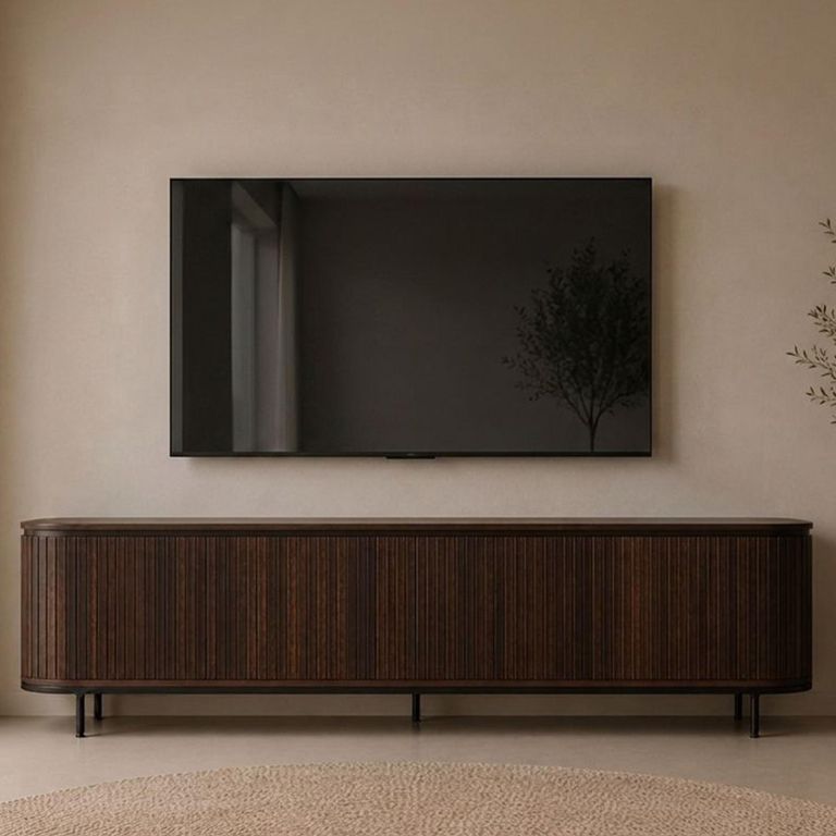 Noor Curved Fluted TV Unit - 4 Door - 210cm - Large - Walnut - Mango Wood