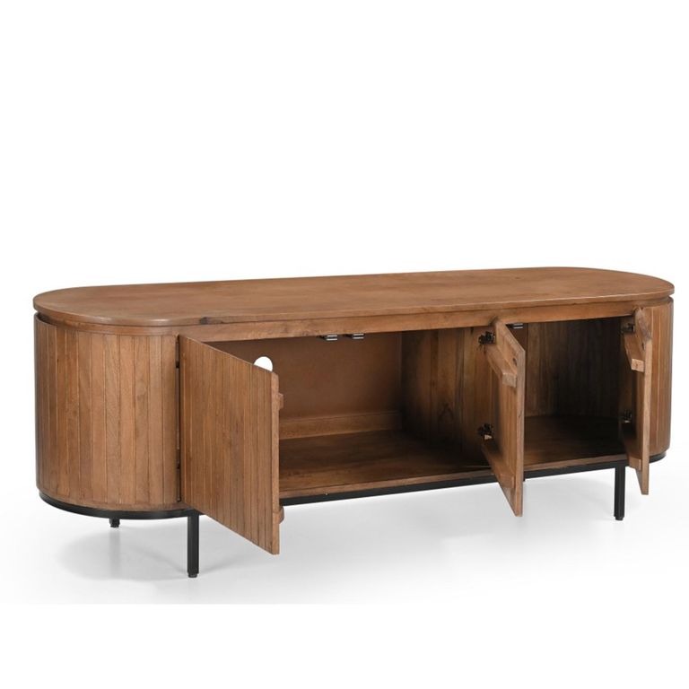 Noor Curved Fluted TV Unit - 3 Door - 170cm - Medium - Brown - Mango Wood