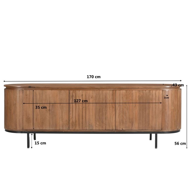 Noor Curved Fluted TV Unit - 3 Door - 170cm - Medium - Brown - Mango Wood