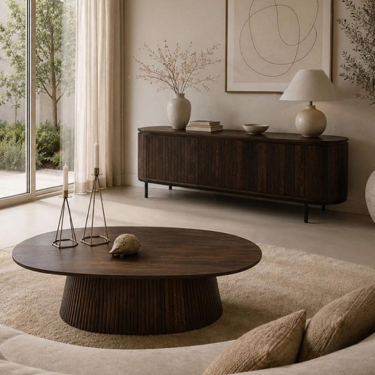 Noor Curved Fluted TV Unit - 3 Door - 170cm - Medium - Walnut - Mango Wood
