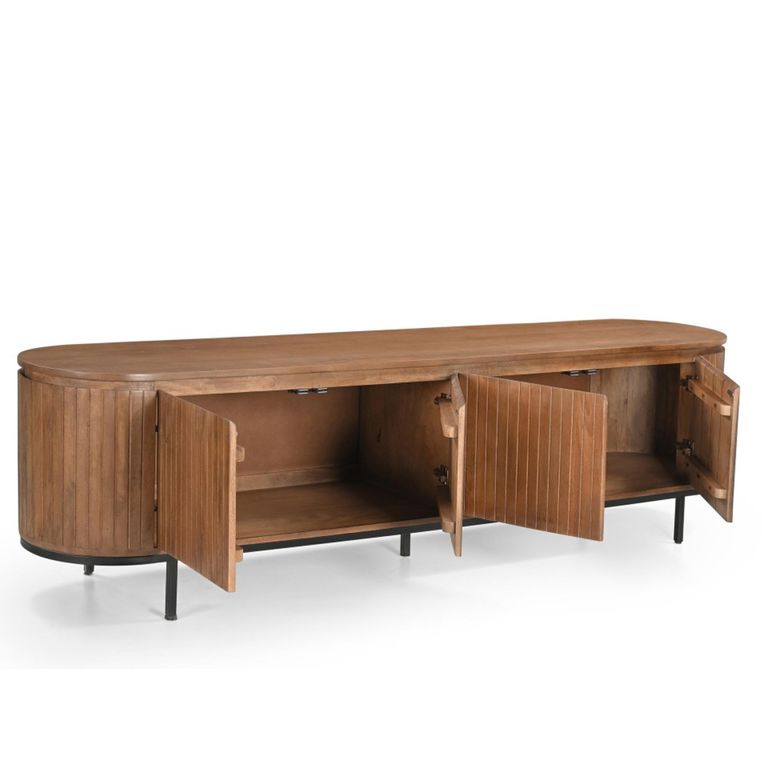 Noor Curved Fluted TV Unit - 4 Door - 210cm - Large - Brown - Mango Wood
