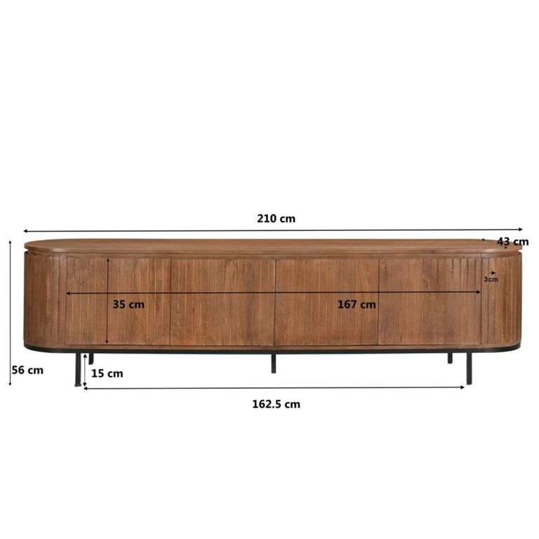 Noor Curved Fluted TV Unit - 4 Door - 210cm - Large - Brown - Mango Wood