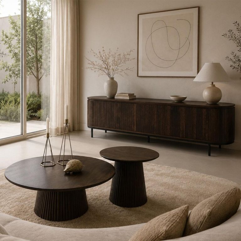 Noor Curved Fluted TV Unit - 4 Door - 210cm - Large - Walnut - Mango Wood
