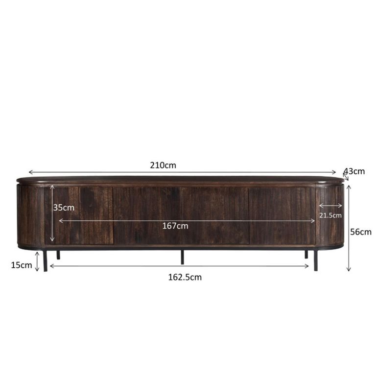 Noor Curved Fluted TV Unit - 4 Door - 210cm - Large - Walnut - Mango Wood