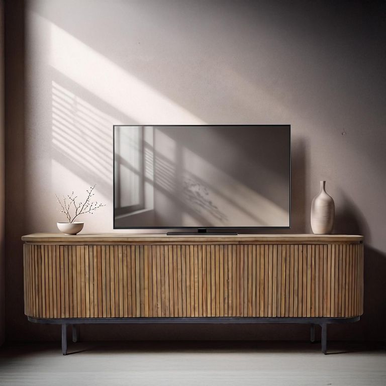 Lausanne Curved Fluted TV Unit - 3 Door -170cm - Medium - Natural - Teak Wood