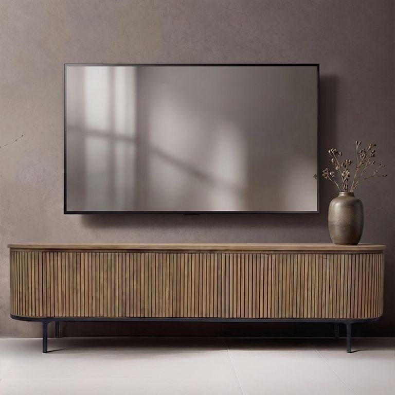 Lausanne Curved Fluted TV Unit - 4 Door - 210cm - Large - Natural - Teak Wood