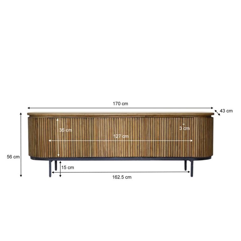 Lausanne Curved Fluted TV Unit - 3 Door -170cm - Medium - Natural - Teak Wood