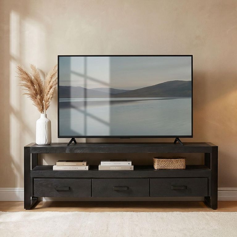 Norris TV Unit - 3 Drawer - 150cm - Medium - Charcoal - Rustic Mango Wood