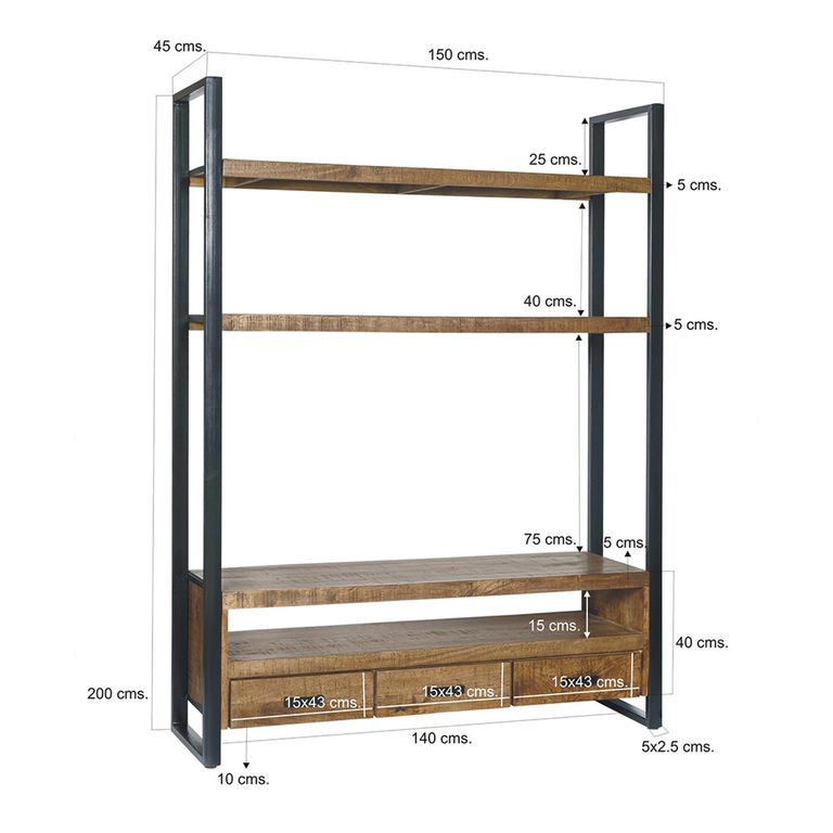 Nairobi TV Cabinet - 3 Drawer - 150cm - Medium - Natural - Rustic Mango Wood