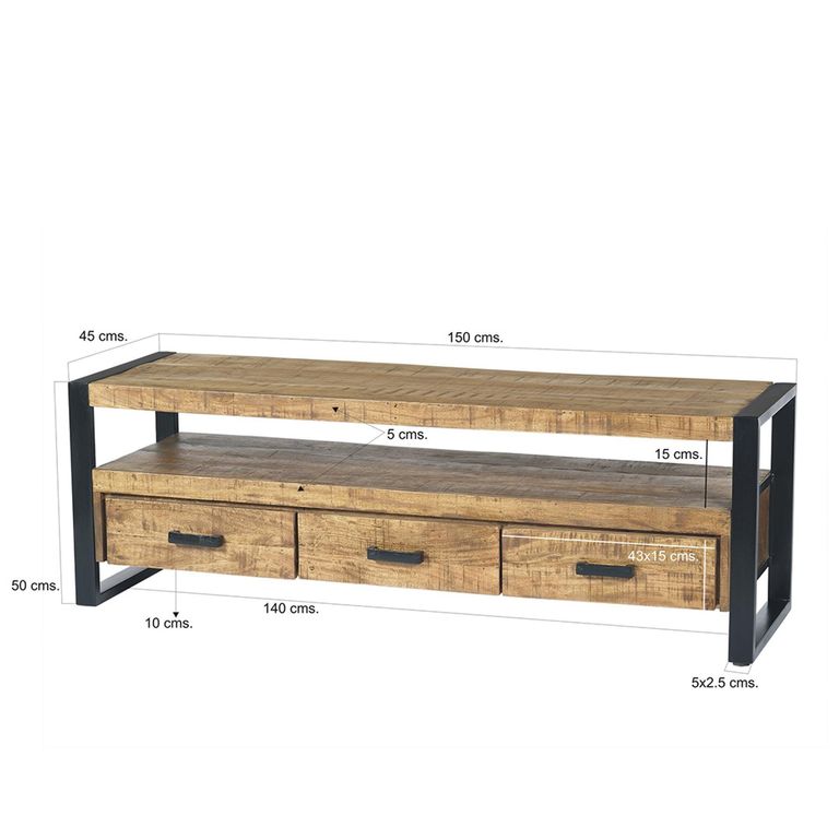 Nairobi TV Unit - 3 Drawer - 150cm - Medium - Natural - Rustic Mango Wood