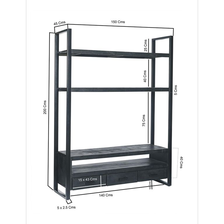 Norris TV Cabinet - 3 Drawer - 150cm - Medium - Charcoal - Rustic Mango Wood