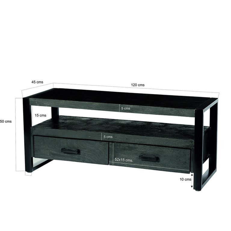 Norris TV Unit - 2 Drawer - 120cm - Small - Charcoal - Rustic Mango Wood