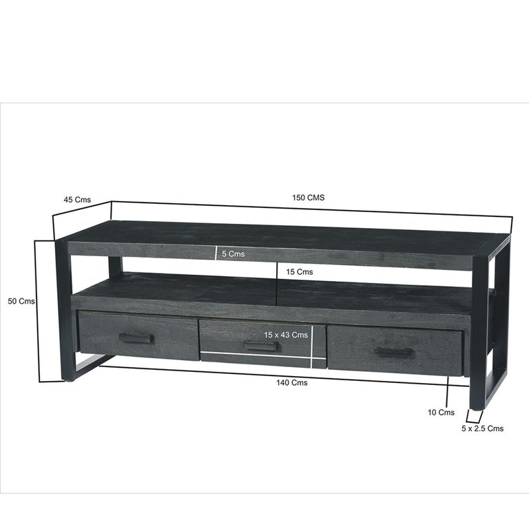 Norris TV Unit - 3 Drawer - 150cm - Medium - Charcoal - Rustic Mango Wood