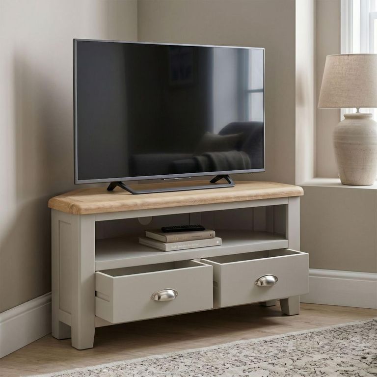 Windermere Painted Corner TV Unit - 2 Drawer - Oyster Grey