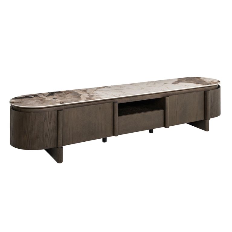 Langford Curved TV Cabinet - 2 Door - 220cm - Large - Brown - Ceramic and Oak