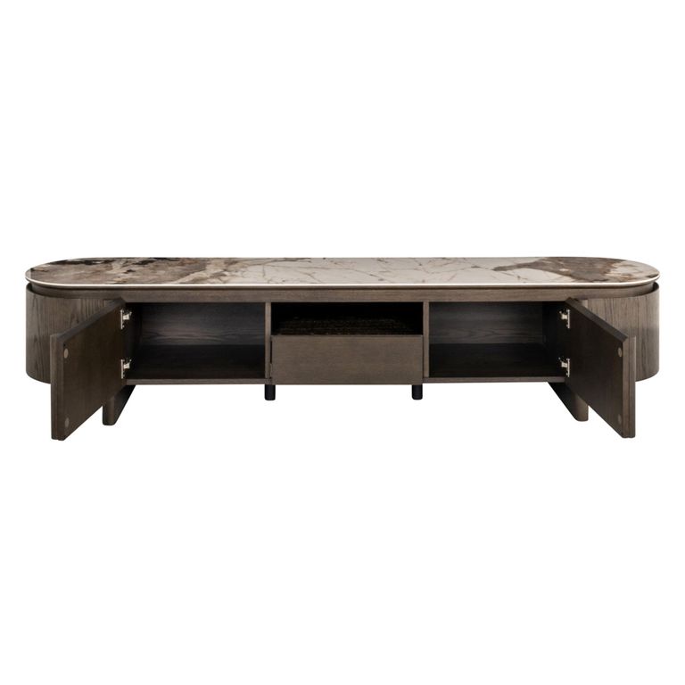 Langford Curved TV Cabinet - 2 Door - 220cm - Large - Brown - Ceramic and Oak