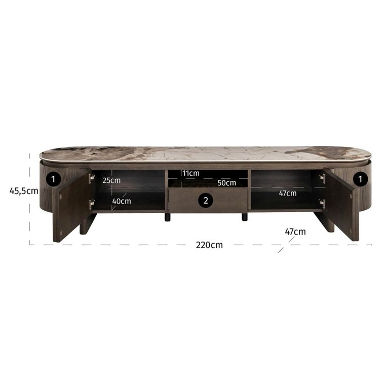 Langford Curved TV Cabinet - 2 Door - 220cm - Large - Brown - Ceramic and Oak
