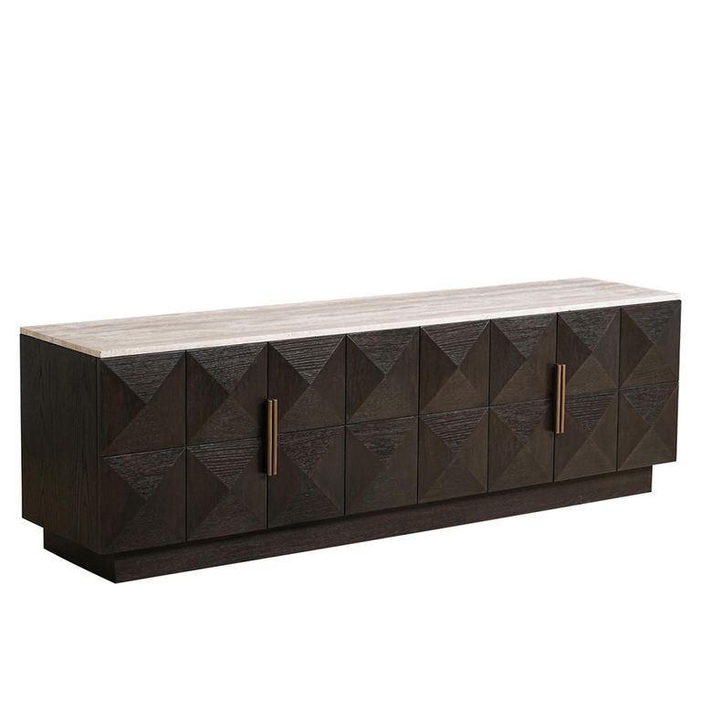 Claremont Dark Wood Extra Large Geometric TV Unit with Travertine Top