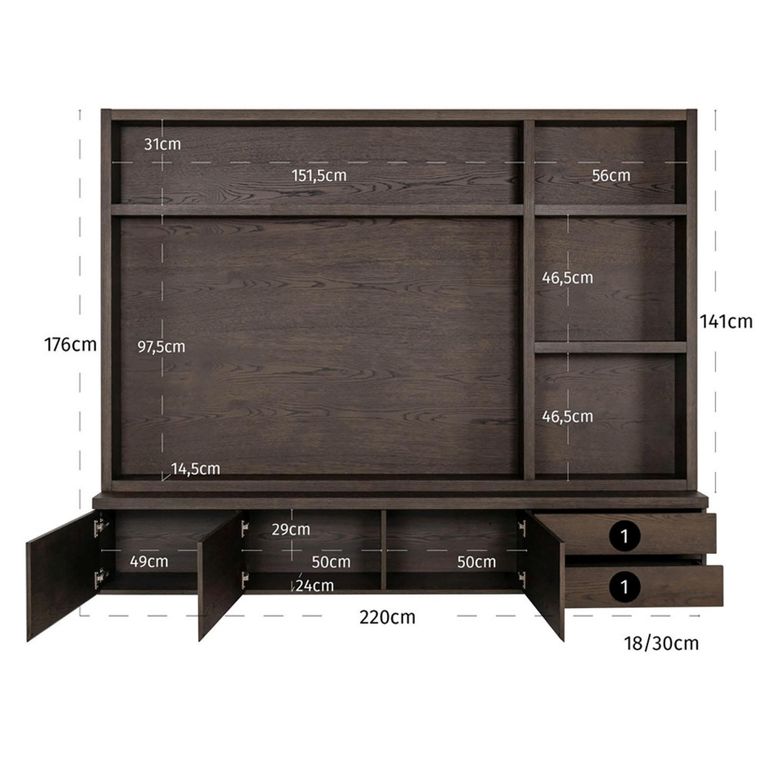 Lachance Floating TV Media Wall Cabinet - 3 Door - 220cm - Large - Wall Mounted - Brown - Oak