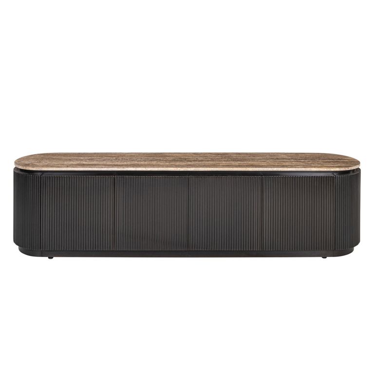 Russo Curved Fluted TV Cabinet - 4 Door - 200cm - Large - Ash Brown - Travertine Top