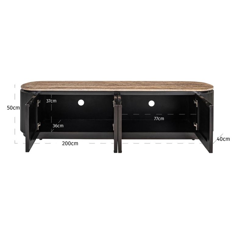 Russo Curved Fluted TV Cabinet - 4 Door - 200cm - Large - Ash Brown - Travertine Top