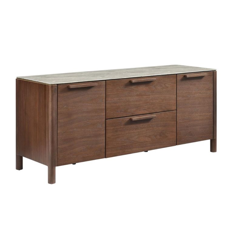 Willow TV Unit - 2 Door - 2 Drawer - Tobacco Walnut and Beige - Wood and Marble Effect