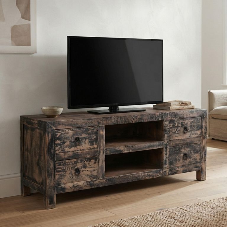 Alicante TV Unit - 4 Drawer - 130cm - Small - Black - Distressed Pine Wood