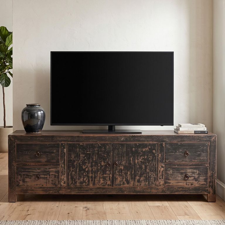 Manhattan TV Unit - 2 Door - 4 Drawer - 180cm - Medium - Black - Distressed Pine Wood