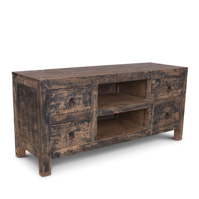 Alicante TV Unit - 4 Drawer - 130cm - Small - Black - Distressed Pine Wood