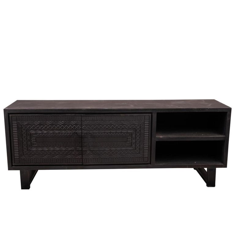 Dalston Carved TV Unit - 2 Door - 160cm - Medium - Black - Teak Wood