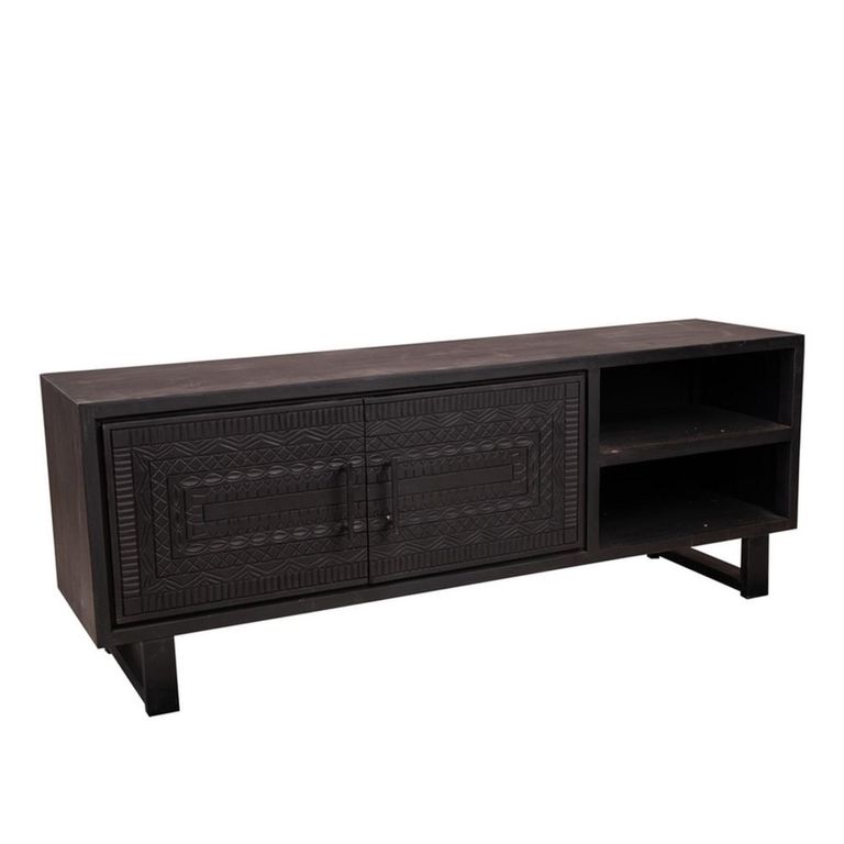 Dalston Carved TV Unit - 2 Door - 160cm - Medium - Black - Teak Wood