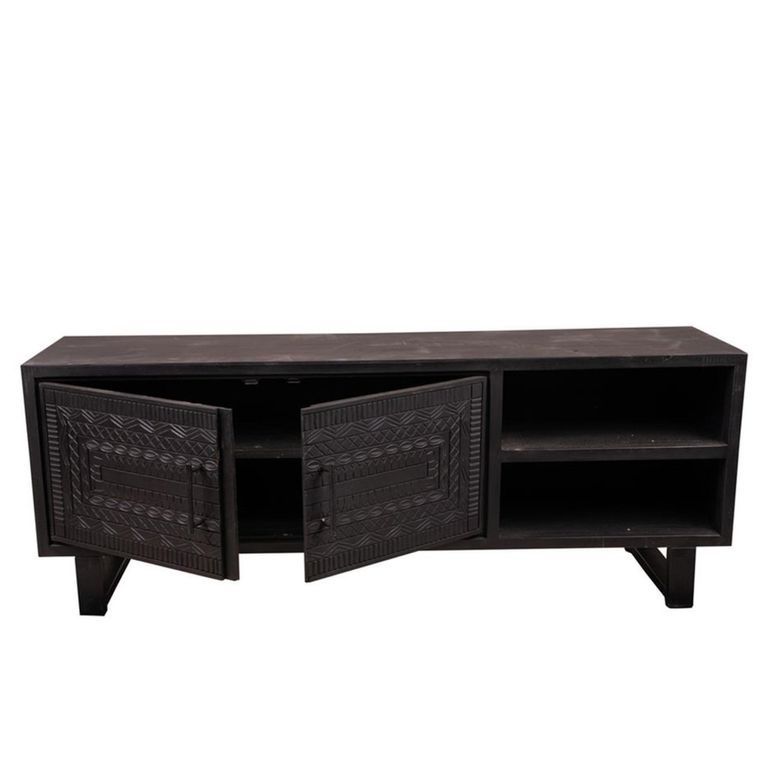 Dalston Carved TV Unit - 2 Door - 160cm - Medium - Black - Teak Wood