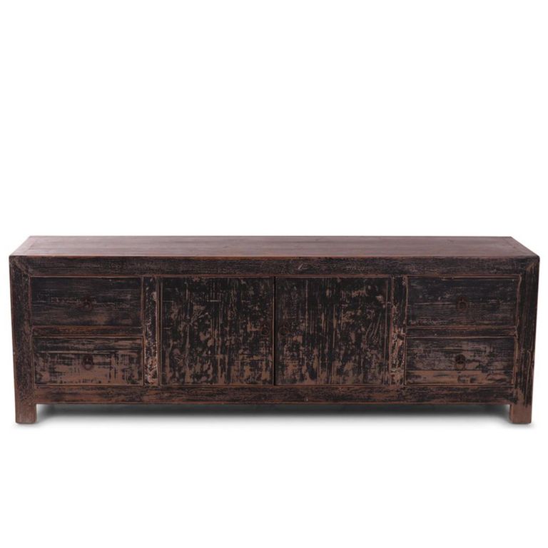 Manhattan TV Unit - 2 Door - 4 Drawer - 180cm - Medium - Black - Distressed Pine Wood
