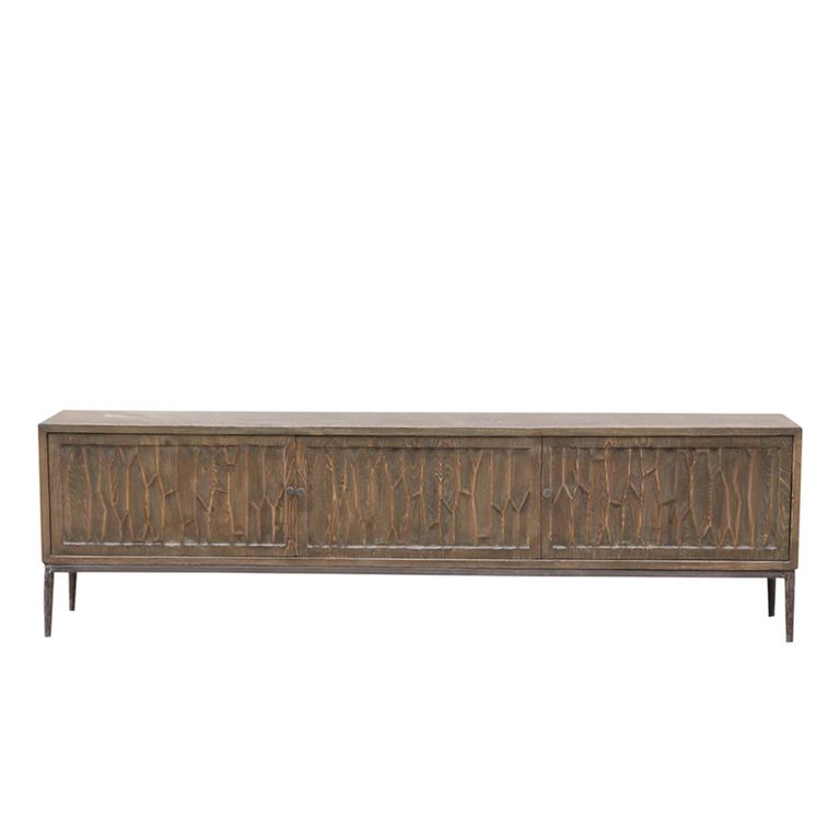Tacca Carved TV Unit - 3 Door - 180cm - Medium - Brown - Distressed Wood and Metal