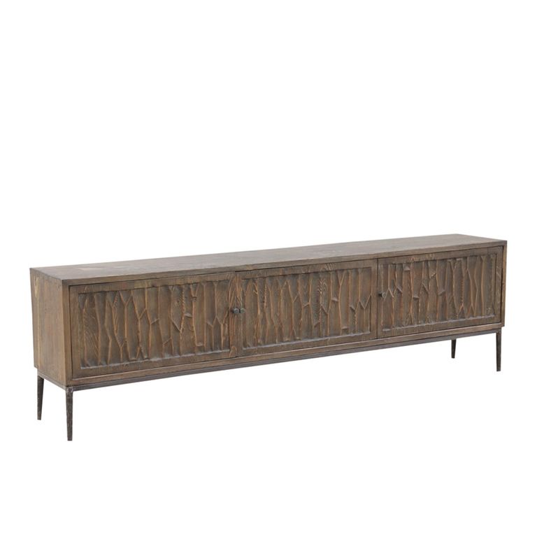 Tacca Carved TV Unit - 3 Door - 180cm - Medium - Brown - Distressed Wood and Metal
