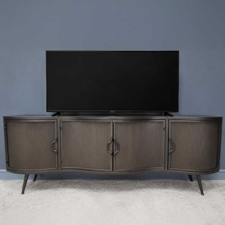 Industrial Curved Ribbed TV Cabinet - 4 Door - 150cm - Medium - Grey - Metal
