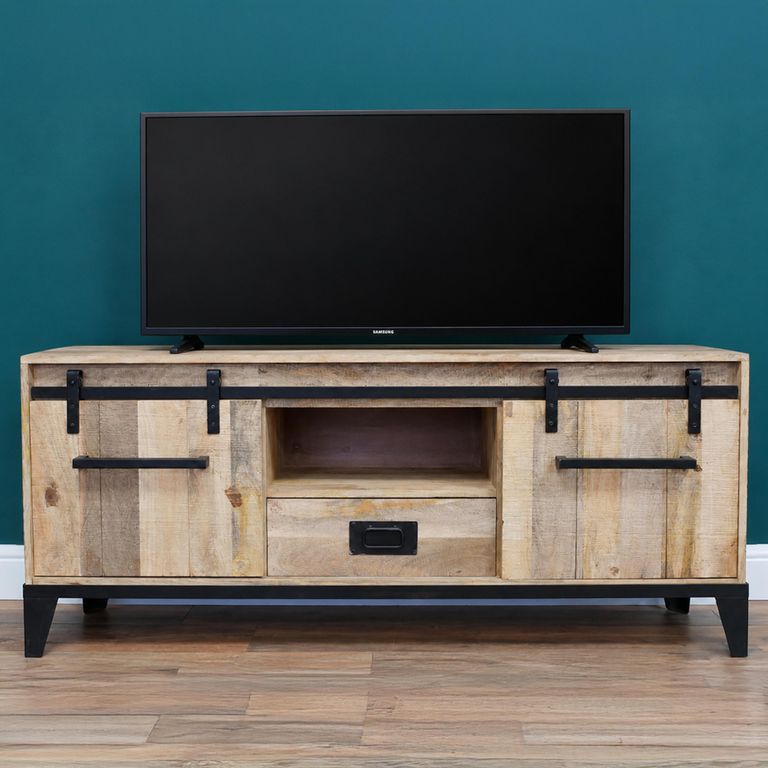 Industrial TV Cabinet - 2 Sliding Door - 160cm - Medium - Mango Wood and Metal