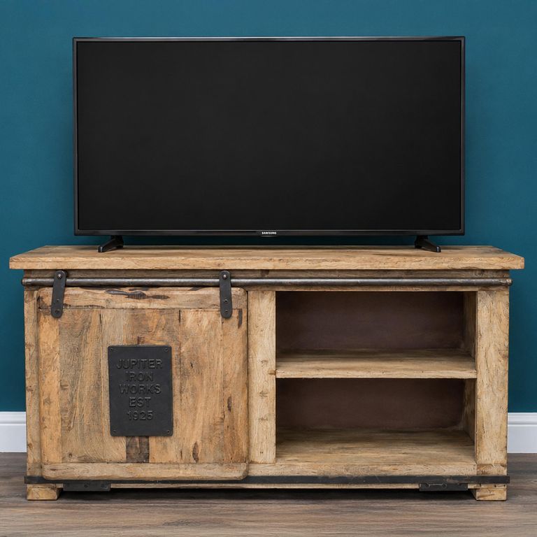 Jupiter Industrial TV Cabinet - 1 Sliding Door - 110cm - Compact - Mango Wood