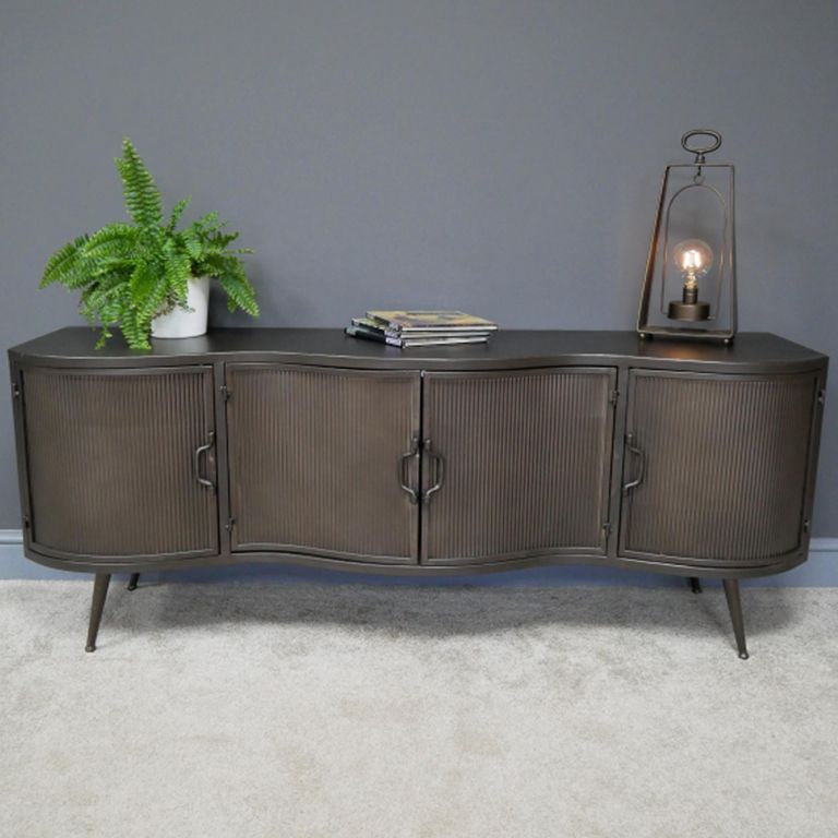 Industrial Curved Ribbed TV Cabinet - 4 Door - 150cm - Medium - Grey - Metal