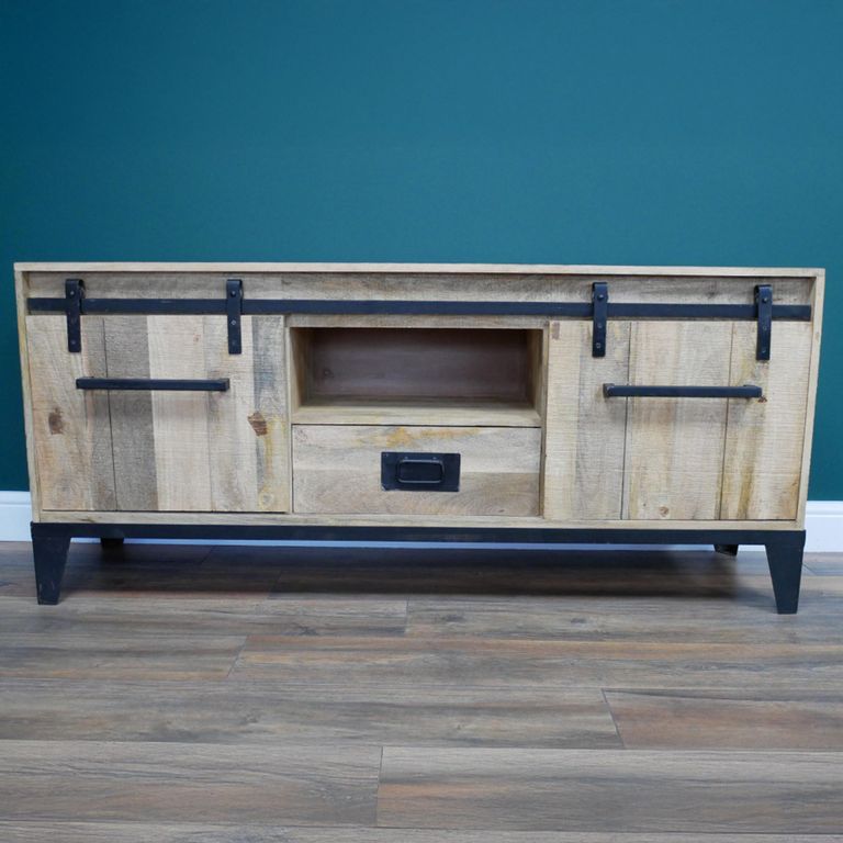 Industrial TV Cabinet - 2 Sliding Door - 160cm - Medium - Mango Wood and Metal