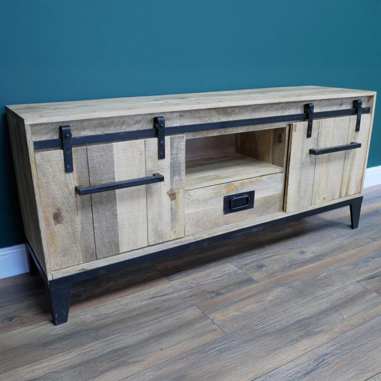 Industrial TV Cabinet - 2 Sliding Door - 160cm - Medium - Mango Wood and Metal
