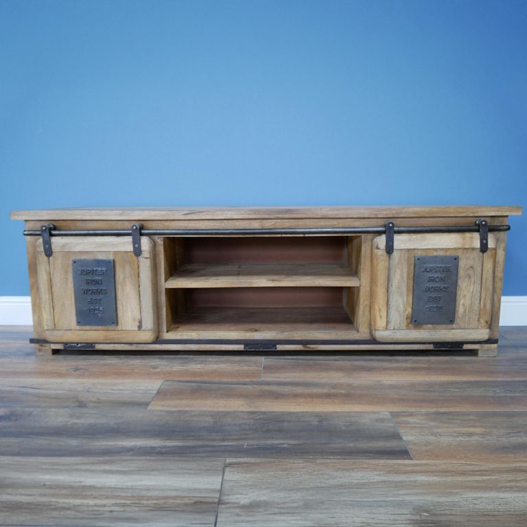 Jupiter Industrial Low TV Cabinet - 2 Sliding Door - 160cm - Medium - Mango Wood