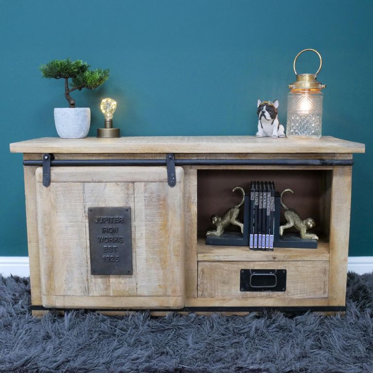 Jupiter Industrial TV Cabinet - 1 Sliding Door - 1 Drawer - 110cm - Compact - Mango Wood