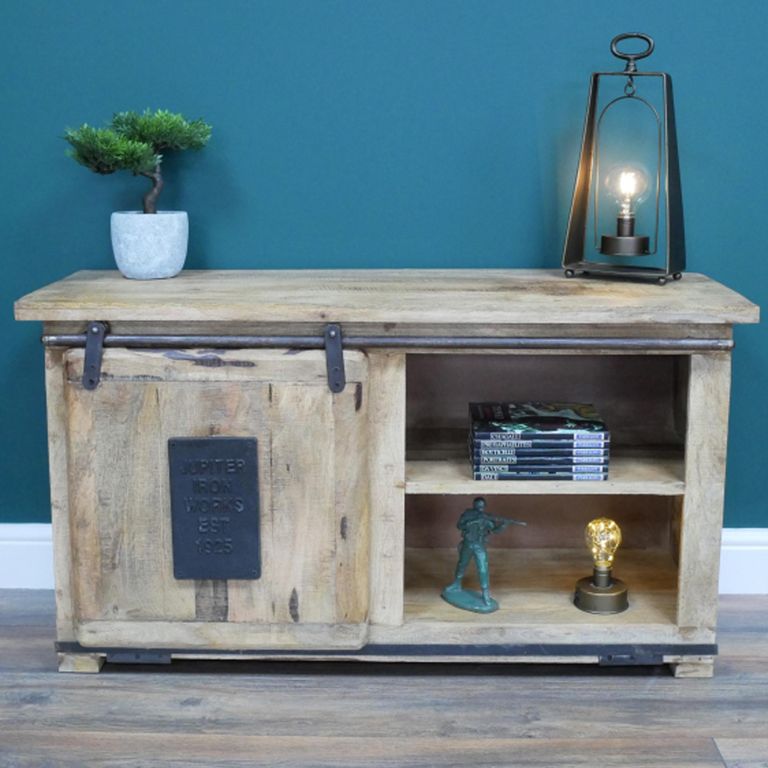 Jupiter Industrial TV Cabinet - 1 Sliding Door - 110cm - Compact - Mango Wood