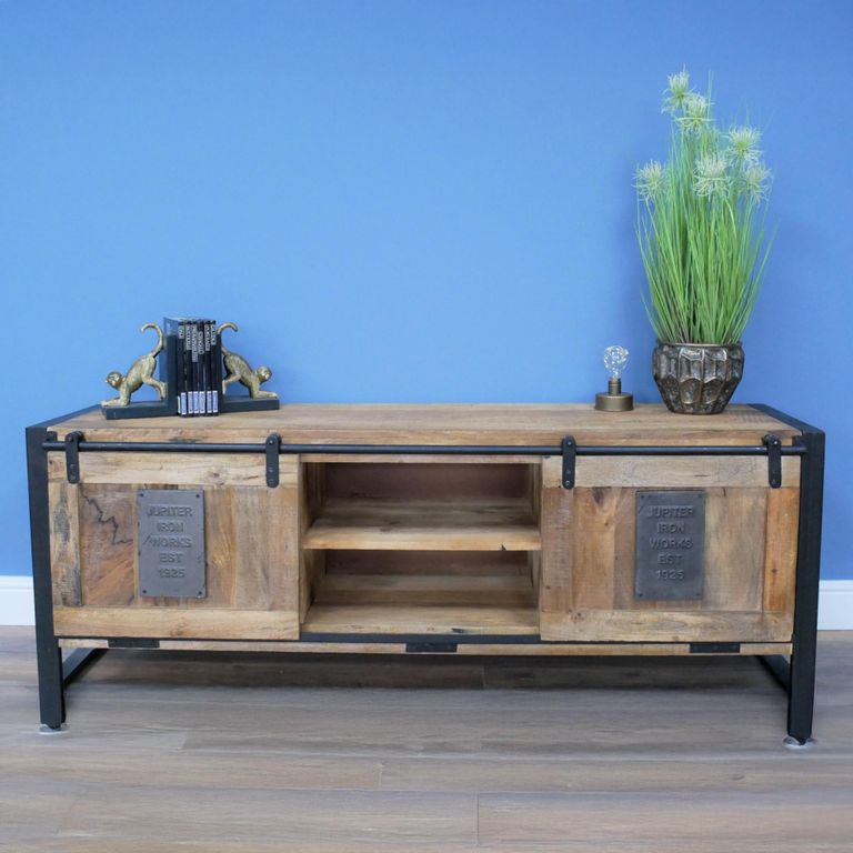 Jupiter Industrial TV Cabinet - 2 Sliding Door - 160cm - Medium - Mango Wood and Metal