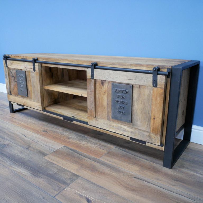 Jupiter Industrial TV Cabinet - 2 Sliding Door - 160cm - Medium - Mango Wood and Metal