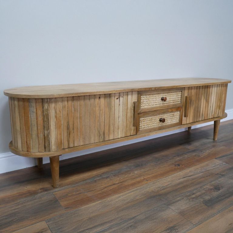 Curved Fluted TV Cabinet - 2 Door - 180cm - Medium - Mango Wood