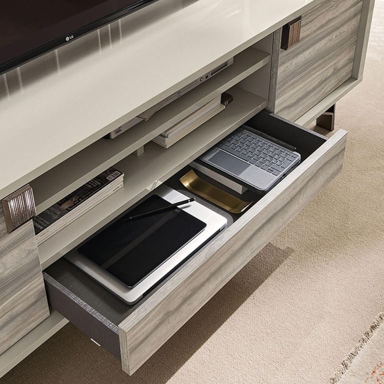 Jupiter TV Unit - 2 Door 1 Drawer - Large - Eco Stone and High Gloss Pearl Line