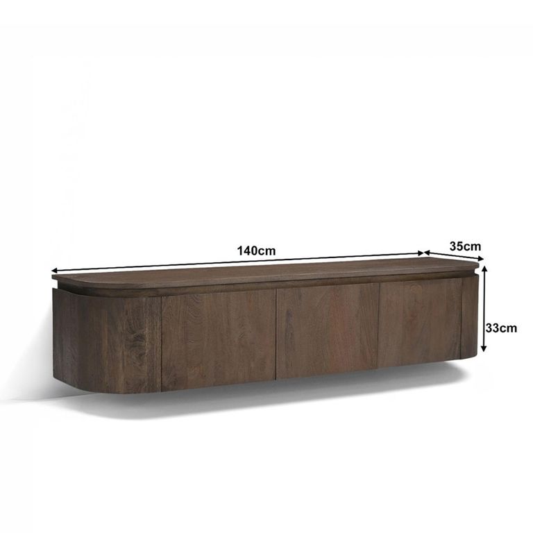 Elvano Curved Floating TV Unit - 3 Door - 140cm - Medium - Wall Mounted - Malta - Mango Wood