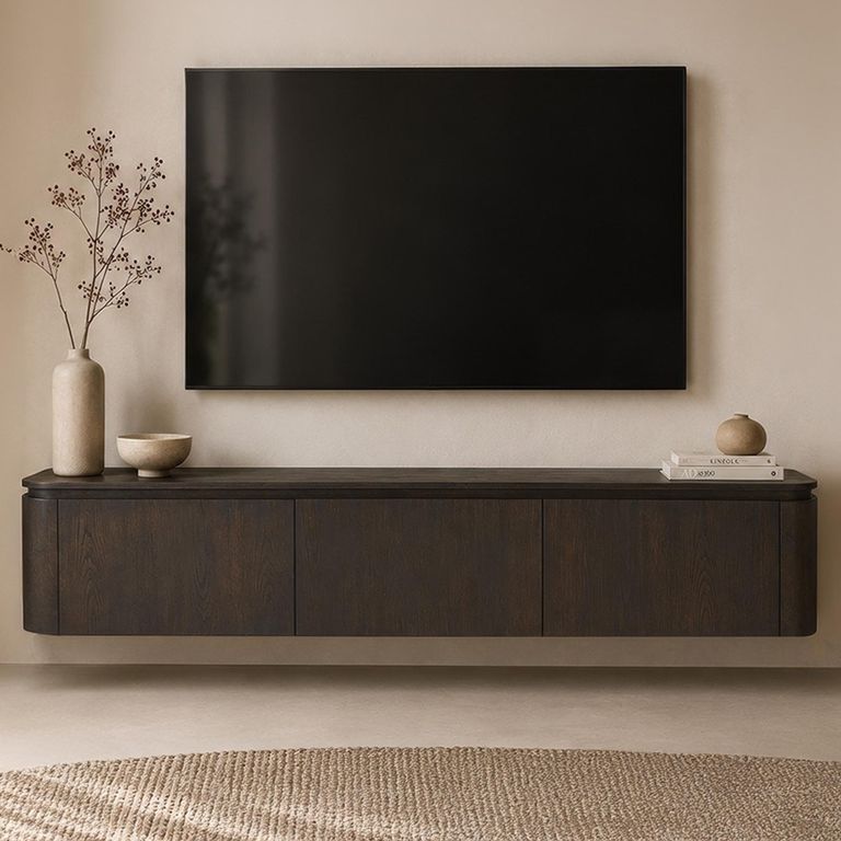 Rivano Oak Curved Floating TV Unit - 3 Door - 180cm - Medium - Wall Mounted - Basalt